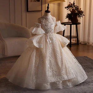 Advanced Luxury Champagne Formal Girl'S Fluffy Dress Embroidered Lace Bare Shoulders Birthday Dresses for Girls