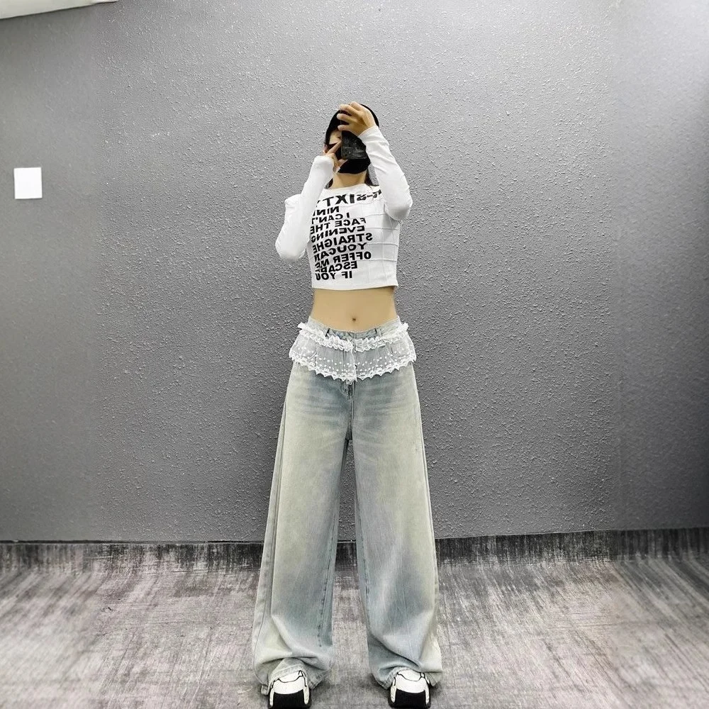 Sommer-Neuheit KAKAMEE: Hochtaillige, gewaschene Jeans aus Denim mit weitem Bein und Spitzenbesatz am Saum, schnell trocknend aus Polyester/Baumwolle für Frauen