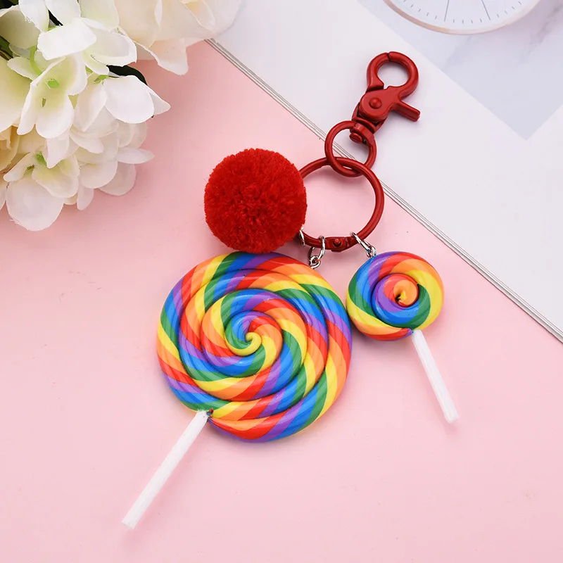 Lovely Rainbow Lollipop Polymer Clay Key Chain Ornaments with Pom Pom Ball Color Metal Hook Key Ring Car Bag Accessories Gifts
