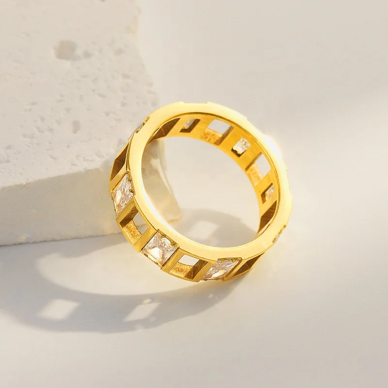 COOL Minimalist Gold Plated Finger Rings Women Stainless Steel Hollow Cubic Zircon Rings for Women