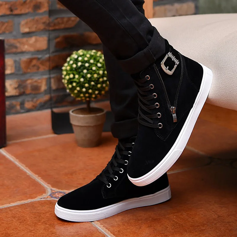 Mens High Top Board Shoes Casual Lace Up Belt Buckle Canvas Flat Bottomed Soft Sole Hot Selling New Models Large Size Boots