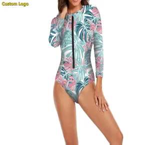 Wholesale Custom Logo Women's Long Sleeve Rash Guard Bathing Suit Zip up One Piece Swimsuits Modest Surfing Swimwear Beachwear