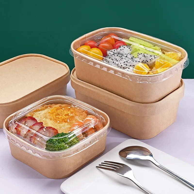 XYA disposable takeout lunch box Creative Kraft Paper Square Bottom Salad Bowl With PET /PP Lid