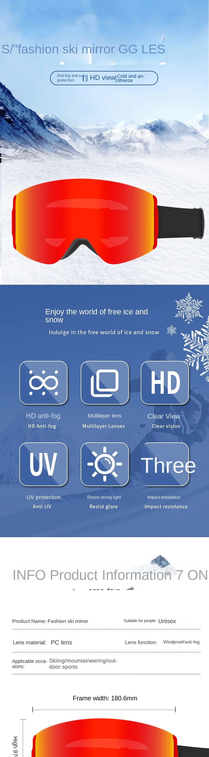 Double-Layer Magnetic Anti-Fog Ski Goggles for Outdoor and Mountaineering with Spherical Lens