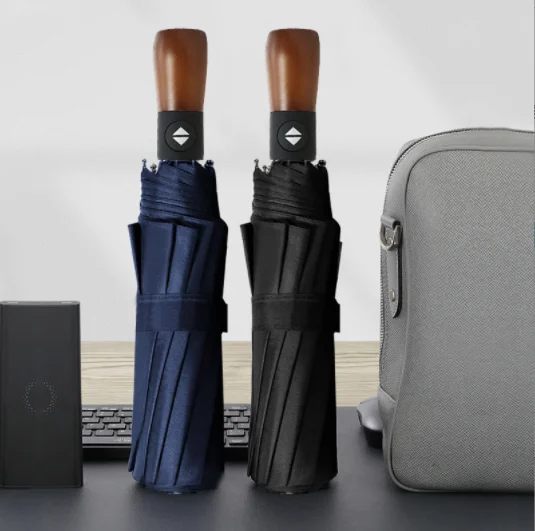 2023 New Arrival Full Automatic Strong Windproof Wooden Handle Navy Blue Pocket Umbrella With 210 Twill Pongee Fabric