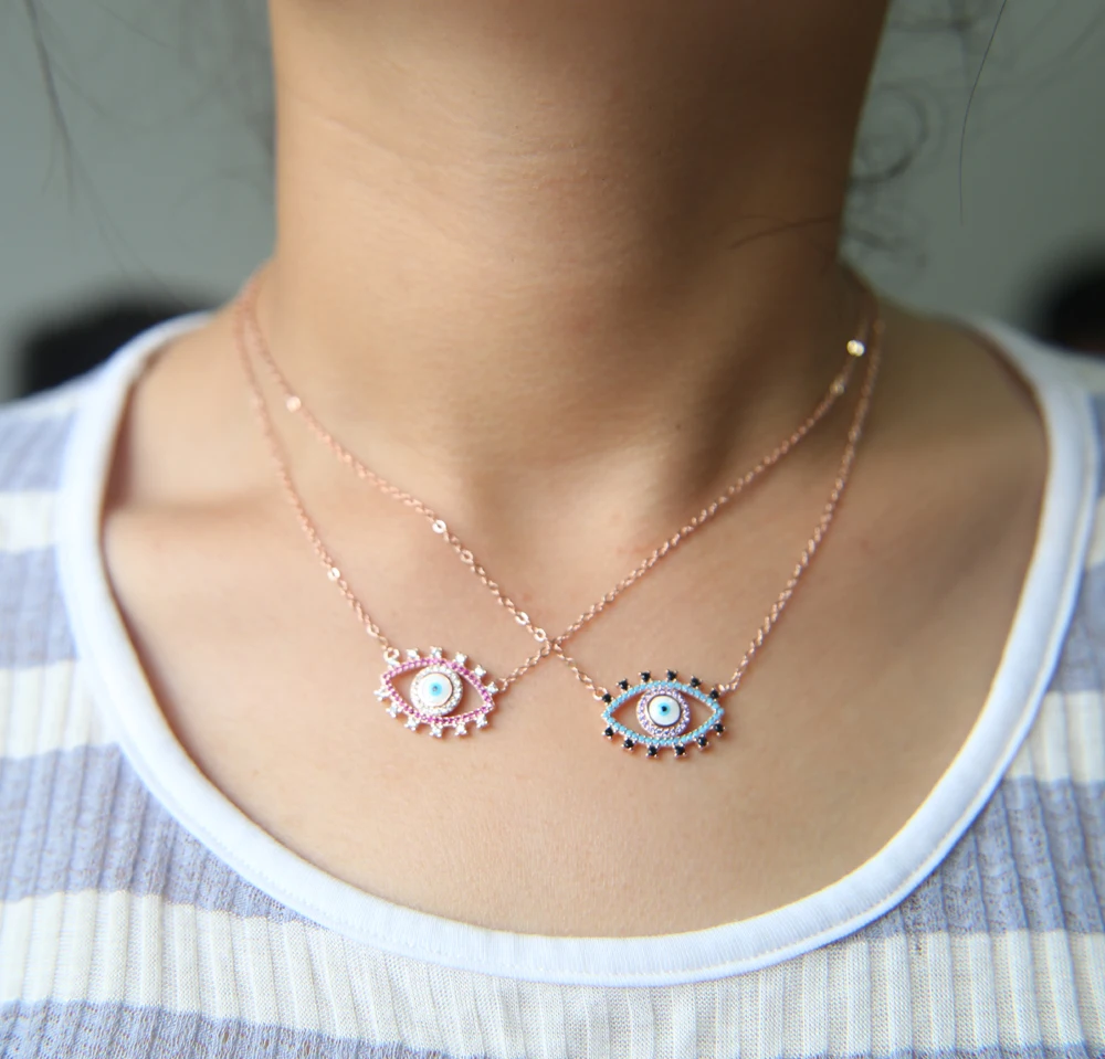 Top Quality Real Micro Pave Cz Geometric Shape Evil Eye 20 Grams Gold Necklace Designs