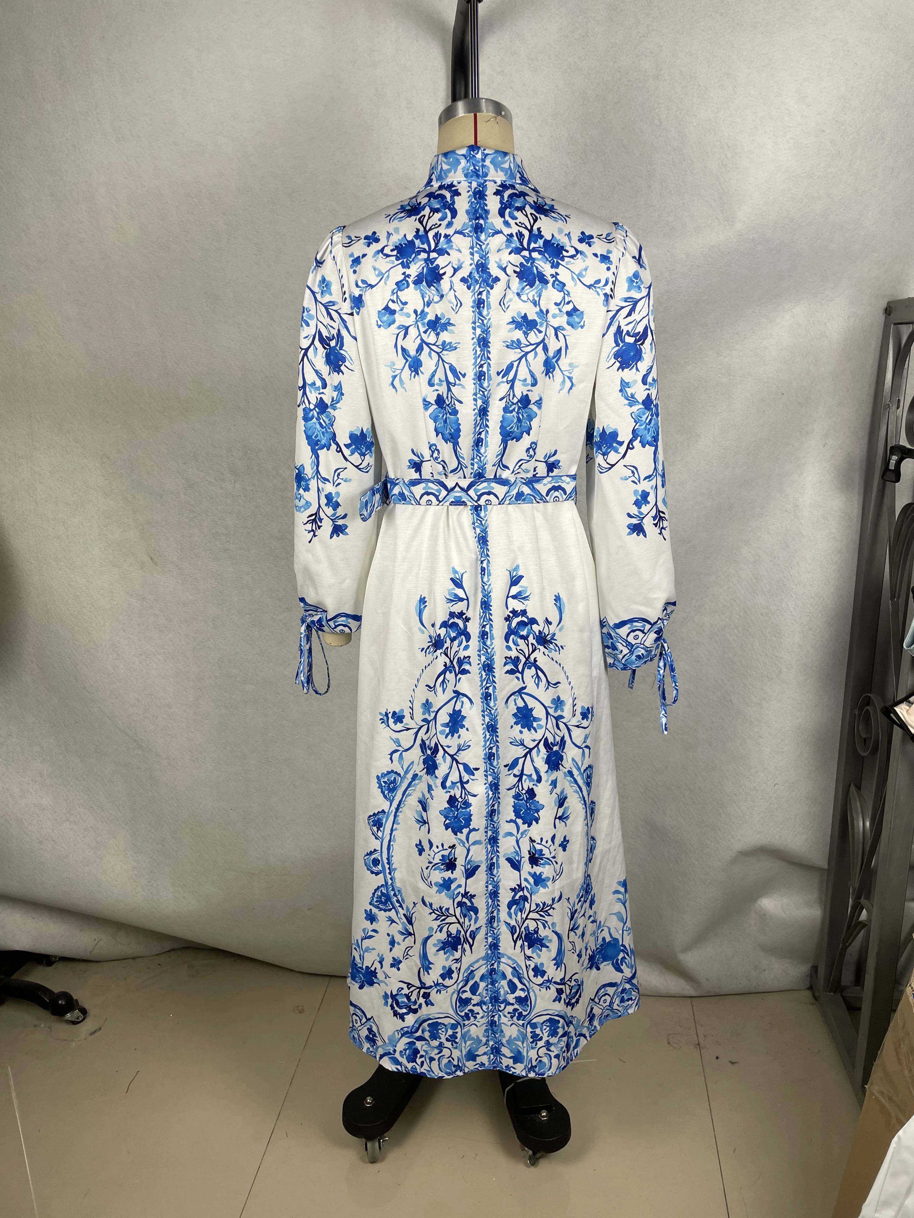 Long Blue And White Porcelain Floral Print Dress Natural Waistline Woven And Digital Printing - Image 2