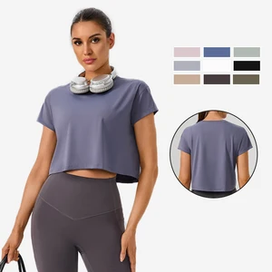 2026 Spring Summer Breathable Quick Dry Four Way Stretch Women's Yoga Crop Top Loose Fit Solid Short Sleeve T-Shirts