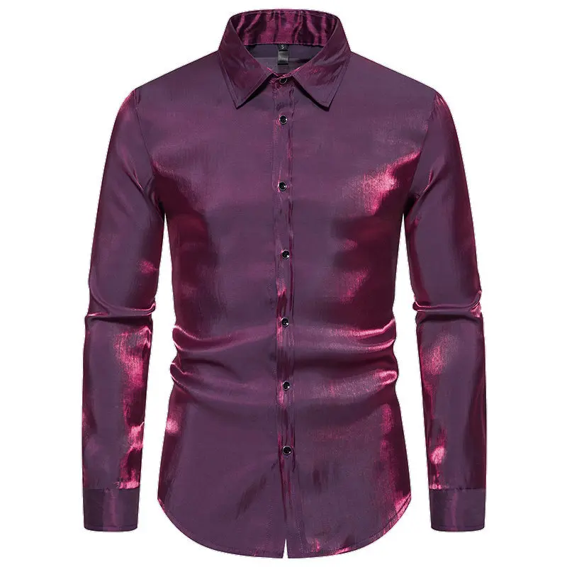 Hemden für Herren, ausgefallenes, langärmliges Hemd, glänzendes Seidensatin, metallisches Button-Down-Hemd, Rave-Disco-Party-Club-Hemd Tops360_voghion.com