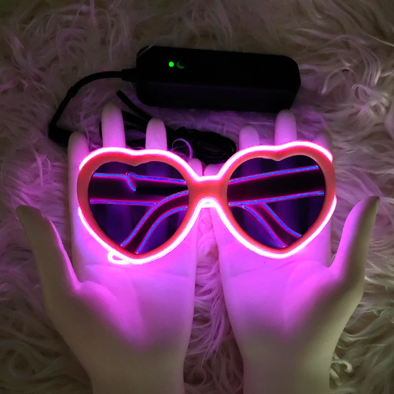 Heart Pink Luminescence Diffraction EL Wire Glasses Rave Light up LED Glasses Laser Etched Hard Plastic Lenses Lightshow