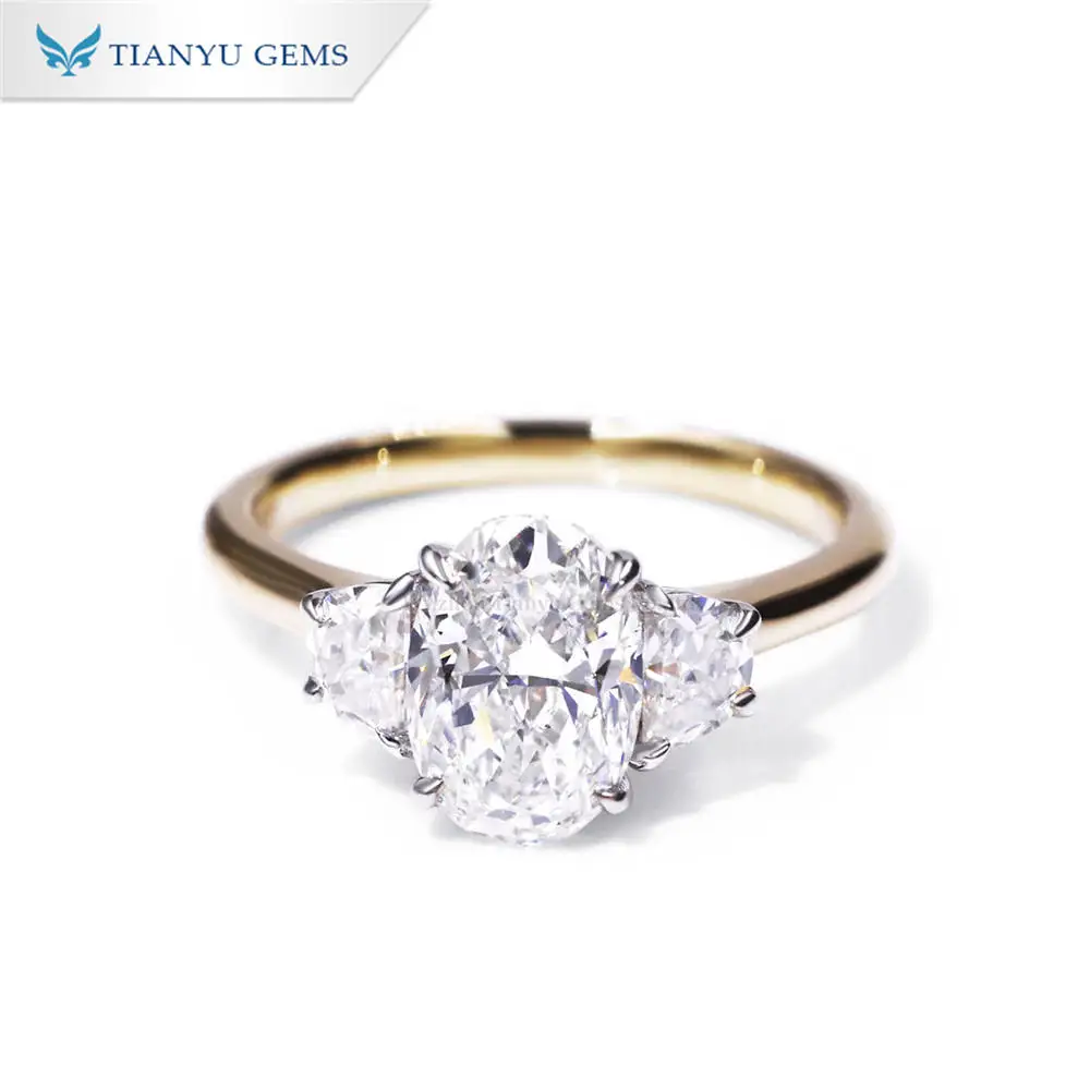 Tianyu Gems Oval Lab Diamond Yellow Gold Material Three Stone Wedding Ring for Women