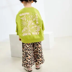 2026 Fall Autumn Winter Custom Puff Print 2Pc Sweatshirt and Wide Leg Leopard Print Trouser Two Piece Girls Clothing Sets