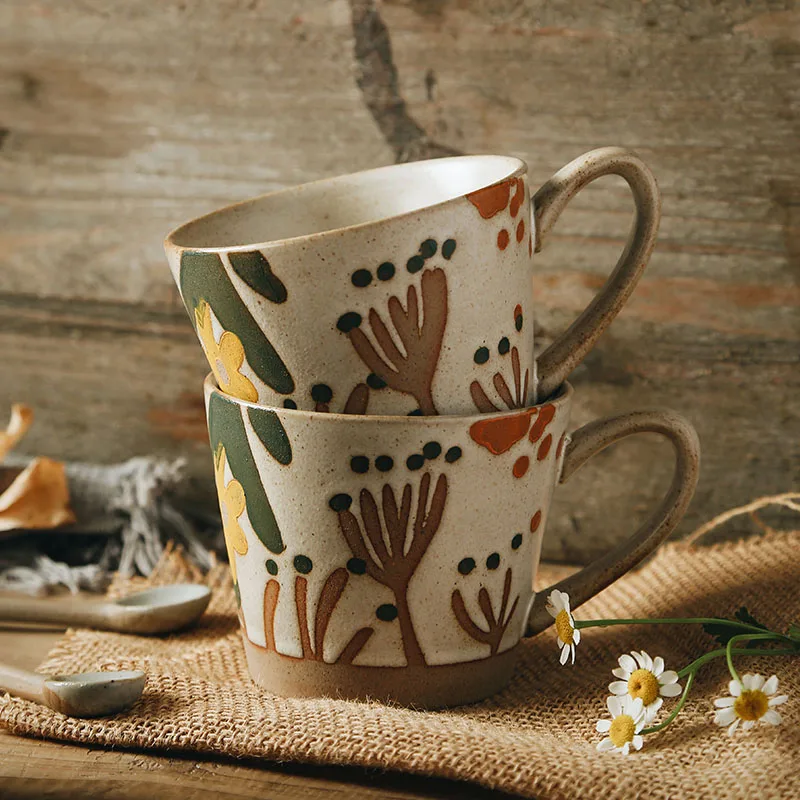 Wholesale Fancy Design Exquisite Hand Made Flower Pattern Unique Custom Gift Set Ceramic Coffee Cups Mugs