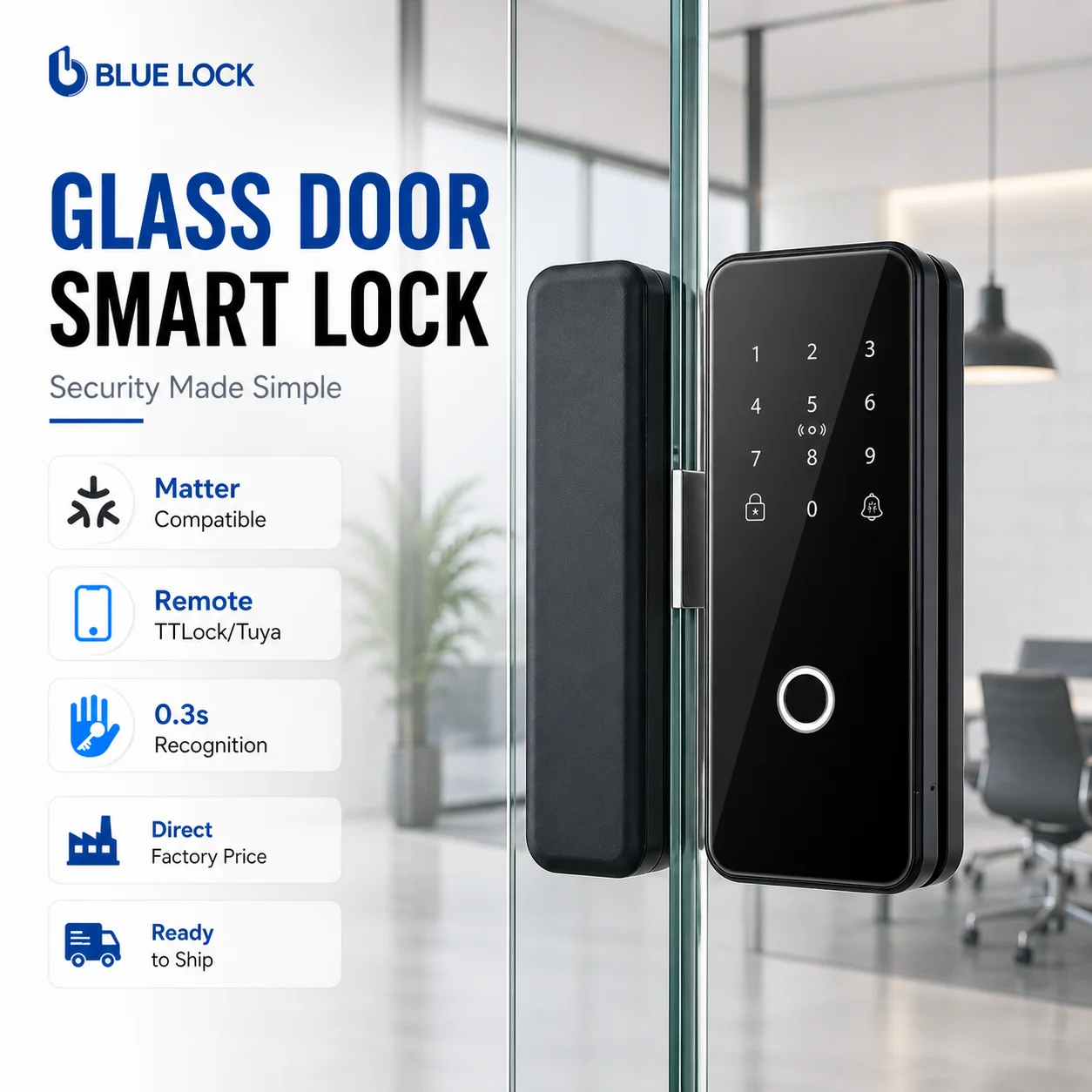 BlueLock Punching Free Digital Glass Door Lock Fingerprint Keypad Mechanical Key Smart Lock Frameless Cloud for Wi-Fi