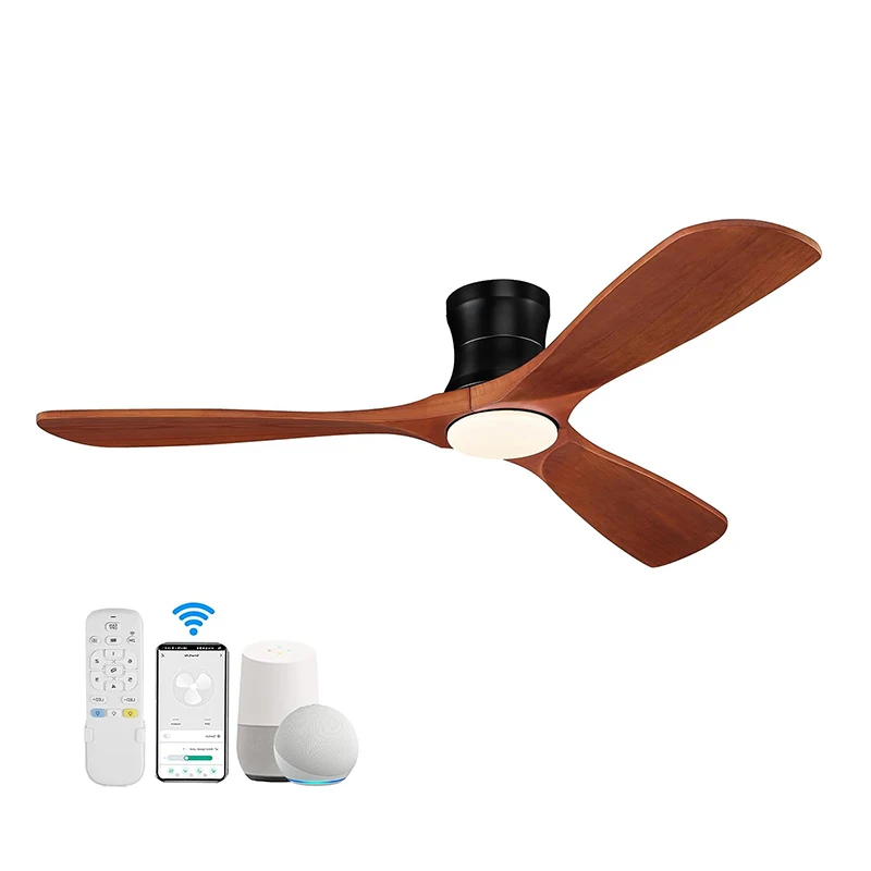 Modern Luxury 52-Inch Flush Mount Ceiling Fan Light Designer Wooden Grain Blade Electric DC Motor Remote Control Household Hotel
