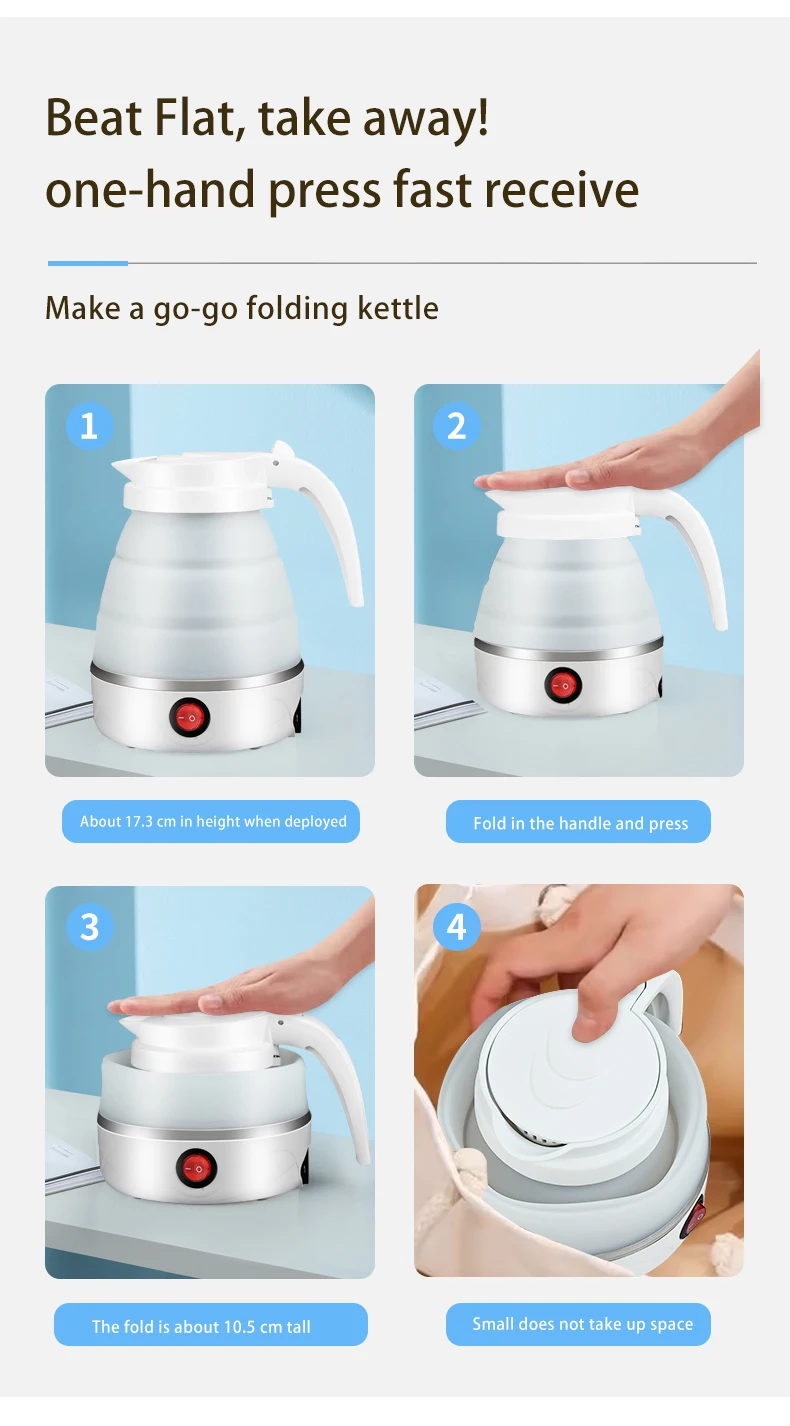 Foldable Portable Electric Water Kettle, Silicone and SUS 304, One-touch Water Boiling, Adjustable Temperature, Various Colors