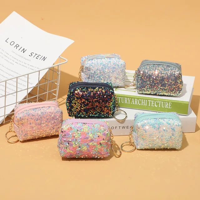 New ins style mini rainbow sequin coin purse zipper compact children's keychain bag Mori lipstick storage bag for girls