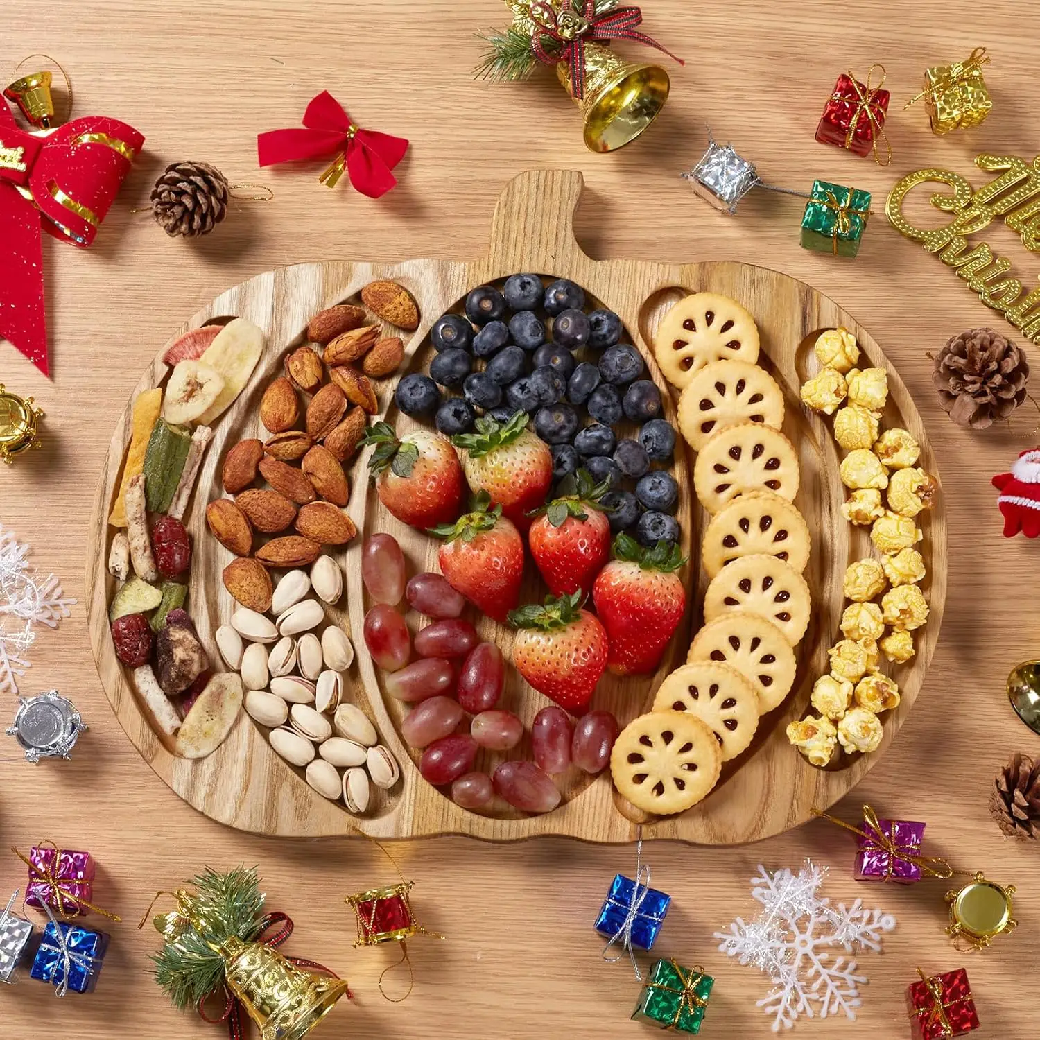 Pumpkin Shaped Wooden Divided Serving Platter - Charcuterie Board for Fruit Snack & Nut Christmas Party Serving Tray