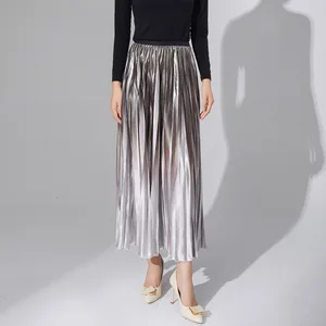 Women Casual Long Pleated Skirt With Polyester Metallic Shimmer Gradient Color High Waist Elastic Waistband Flowy A-Line Pleats