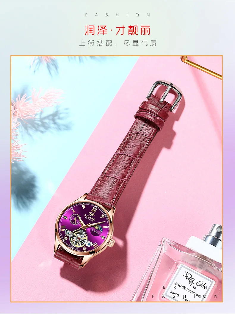 Montres mécaniques automatiques pour femmes, montres-bracelets diamantés pour dames, montre en cuir Rose, étanche 30m, horloge lumineuse