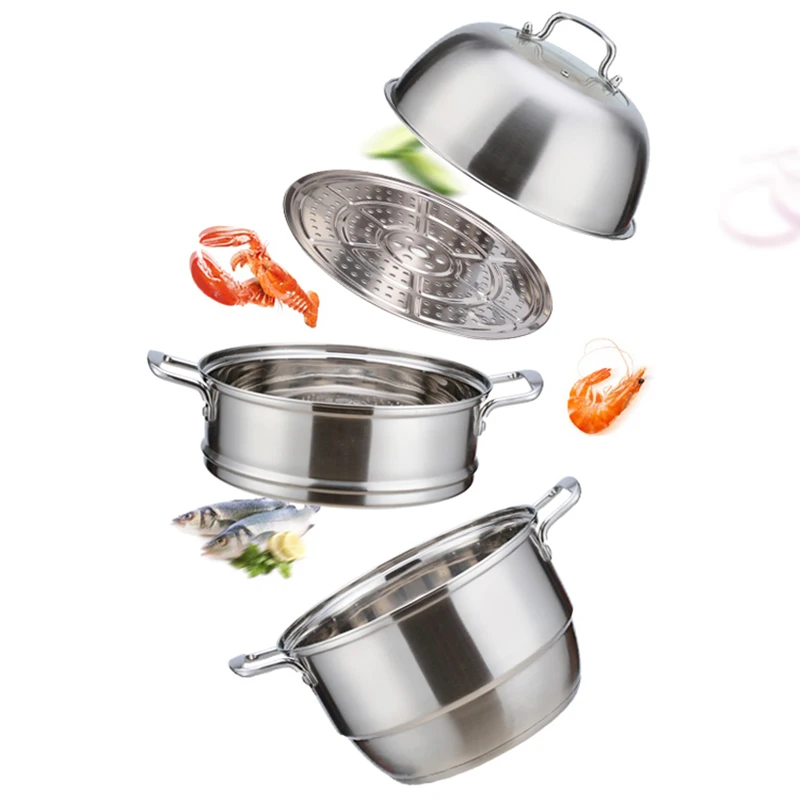 European style double handle thick and deepen double bottom stainless steel food steamer cookware set
