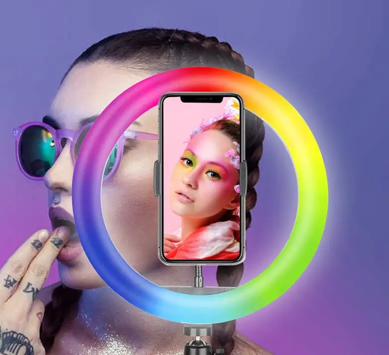 Anneau lumineux LED pour Selfie, 12 pouces, RGB, avec trépied, support de téléphone, lumière circulaire de bureau pour vidéo en direct