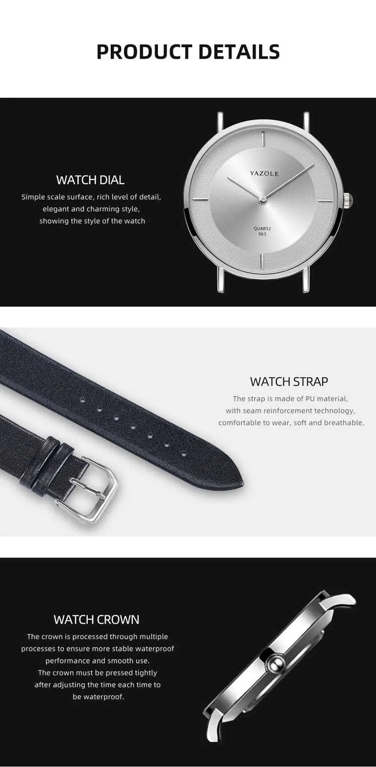 Yazole – montre à quartz unisexe de haute qualité, bracelet en cuir PU original, étanche, lumineuse, Concise, décontractée, usine, 563