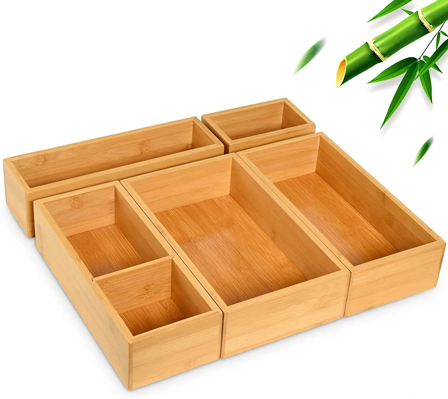 5 Piece Bamboo Storage Box Drawer Organizer Set,Wooden Desk Storage Box