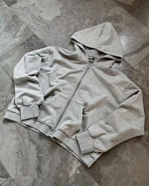 Salati Custom Zip up Bling Rhinestone Heavyweight Spangle French Terry Faded Acid Stone Wash Vintage Men's Hoodie & Sweatshirts gallery 9