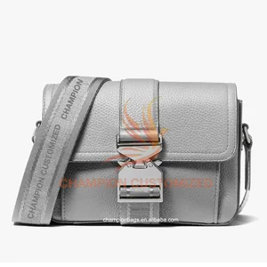 Custom Logo Grey Pebble Leather Men's Crossbody Sling Pack Fashion Shoulder Buckle Lock Messenger Bag for Men