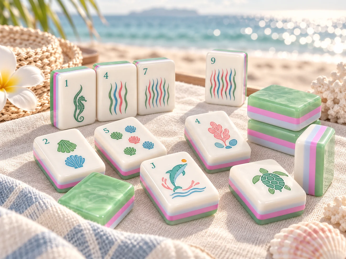 Custom Luxury Modern Nautical American Acrylic Mahjong Tiles Green Marbled Blocks Printed Seashell Dolphin Pattern Personalized