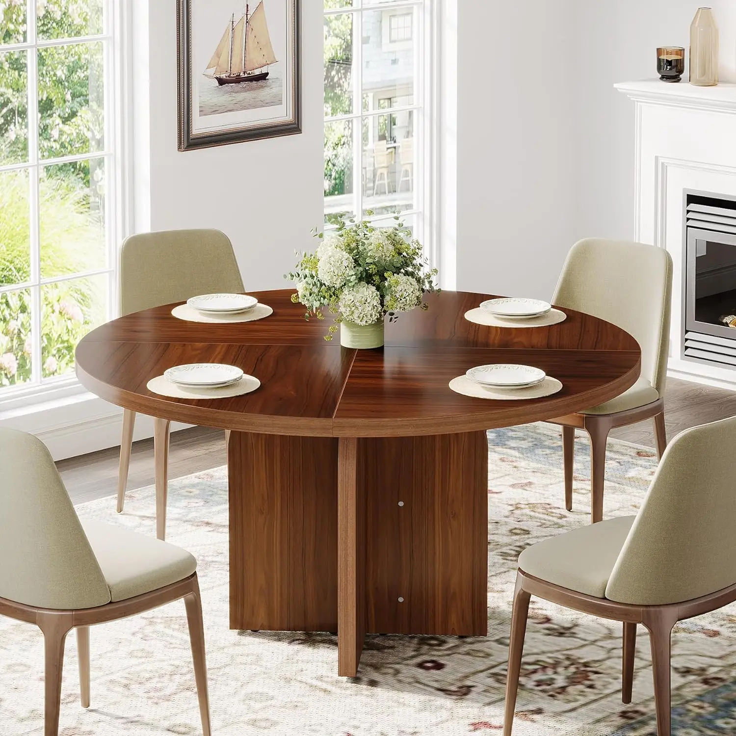 Tribesigns Tavolo Da Pranzo Rotondo 120 Cm Per 4-6 Persone - Moderno Con Base In Metallo, Marrone, Per Cucina E Soggiorno