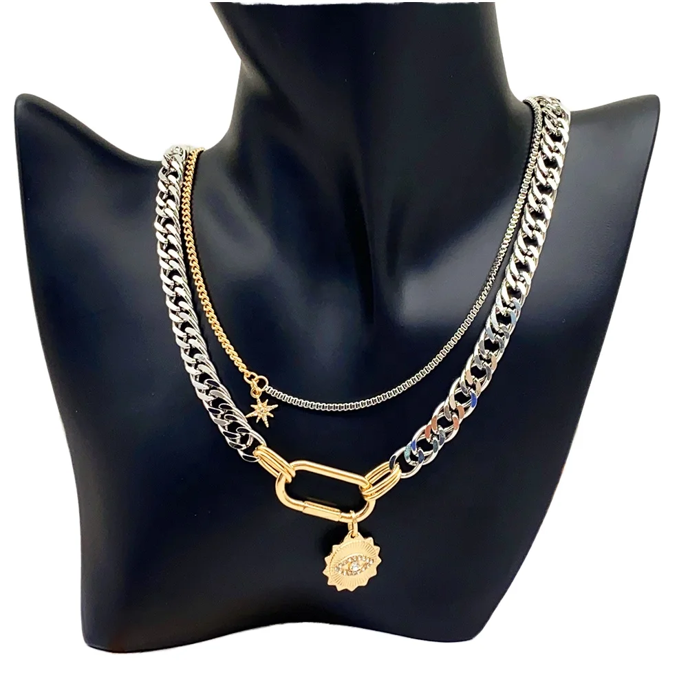 2026Korean Women's Double Layer Chain Necklace Trendy Crystal Diamond Pendant Rhodium Carabiner Classic Gold-Plated Jewelry Gift