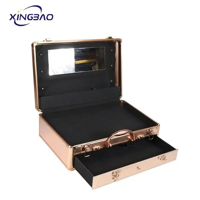 Customized Storage ALUMINUM Cosmetic Boxes With Light Mirror Makeup Vanity Box With Lock Organizer Makeup Case Aluminum  LED