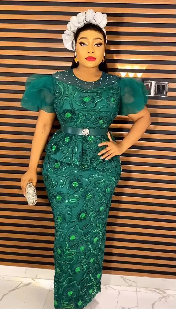 Christmas Women's Lace Evening Dress African Women's Short Sleeve Party  Dresses Sequins Party Fashion Elegant Dress