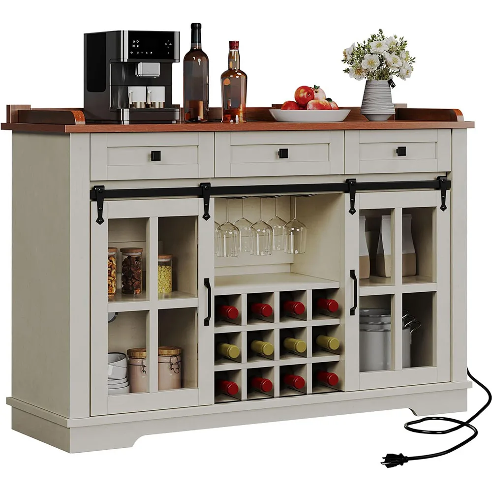 Antique Modern Wood Wine Bar Cabinet with Power Outlet 53" Living Room Storage Cabinet Featuring Wine & Glass Racks