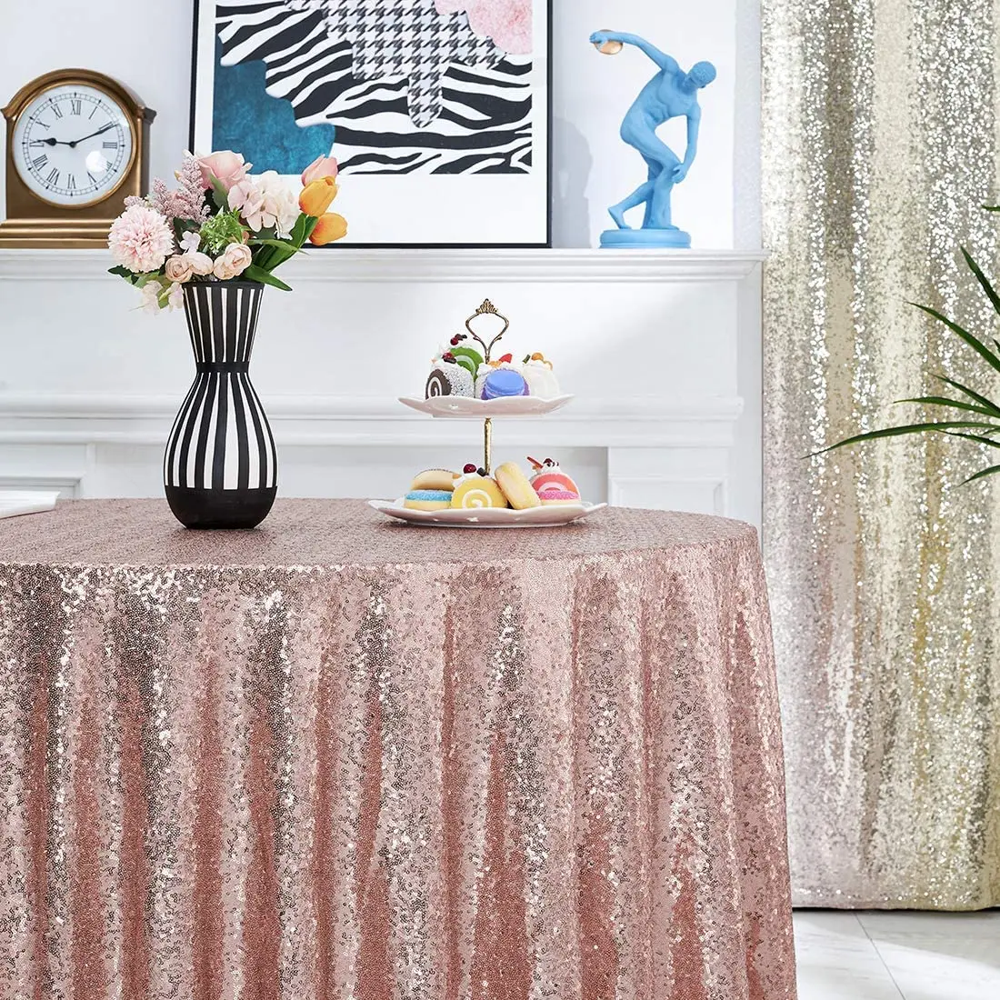 Luxury Embroidery Overlay Table Cloth Cover Linen Rose Gold Sequin