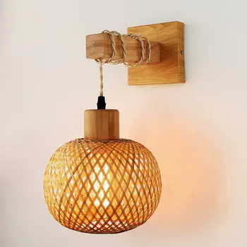 Retro Wall Light Woven Rattan Bamboo Sconces Living Room Bedside Lamp Vintage Bedroom Decoration Lighting