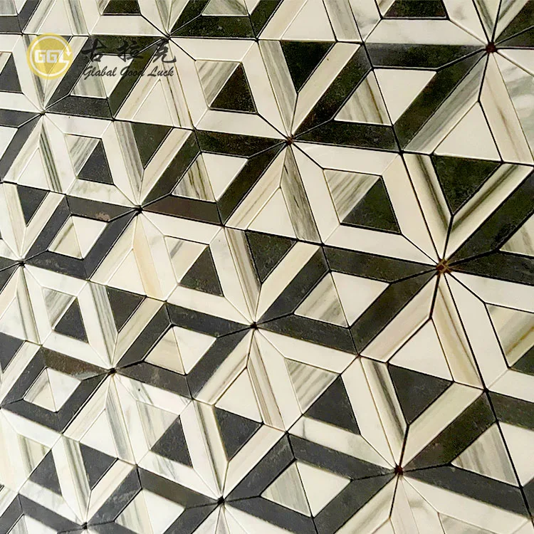 Custom Black with White Polished Surface Tile Triangle Shape Marble Tile Wall Mosaic for Decoration