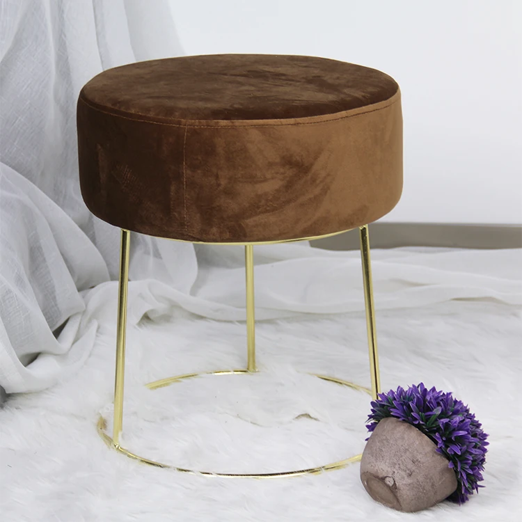 Luxury Lounge Stainless Steel Gold Frame Round Pouf Velvet Ottoman Stool