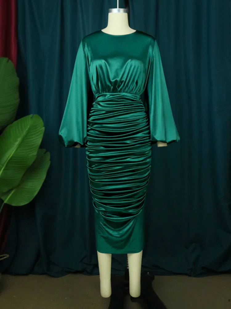 Y307044 Pleated Green Satin Dresses Long Lantern Sleeve High Waist Soft Midi Evening Birthday Club Party Plus Size Woman Outfits Y307044 Pleated Green Satin Dresses Long Lantern Sleeve High Waist Soft Midi Evening Birthday Club Party Plus Size Woman Outfits
