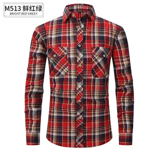 Men's Slim-Fit Flannel Plaid Shirt for Spring/Summer Twill Fabric Double Pocket Long-Sleeved Casual Anti-Wrinkle
