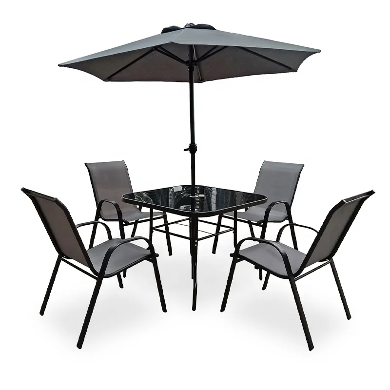 Exterior 5 Piece Folding Teslin Furniture With Umbrella Seats 4 Chair Patio Dining Furniture Set
