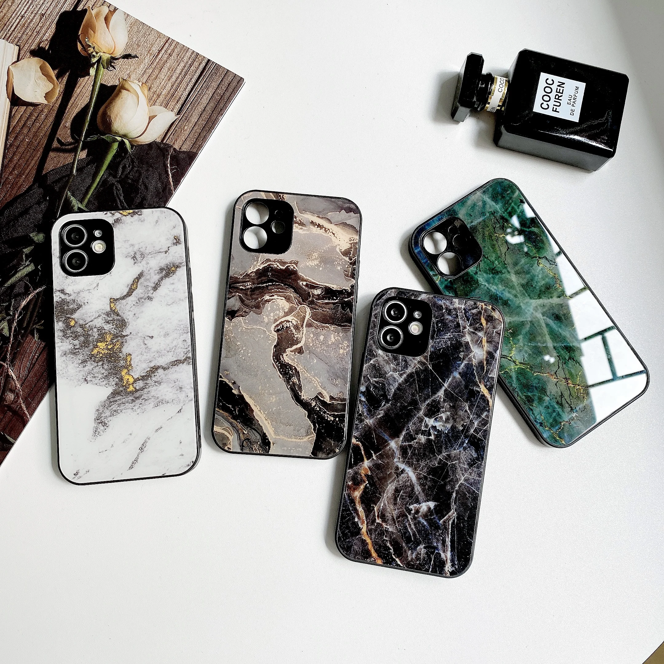 Mobile Phone Case For iphone 12 13 pro Max Marble Back Cover  2 in 1 Tempered Glass Phone Case for iphone 11 For Huawei Samsung