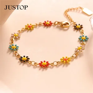 New Design Ins Popular Stainless Steel Flower Shape Chain Light Oil Dripping Enamel Flower Charm Bracelet Clavicle Chain