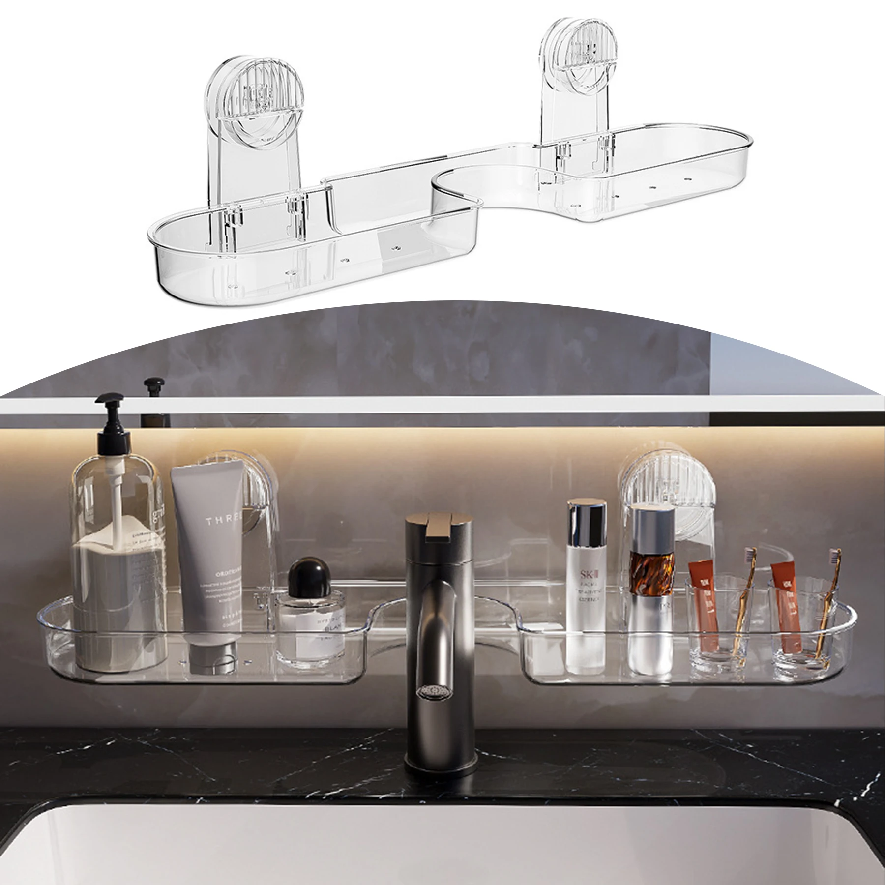 Estante de Armazenamento Premium Transparente com Ventosa, Montada na Parede, com Design de Canto, Instalação sem Furos, em Material PET