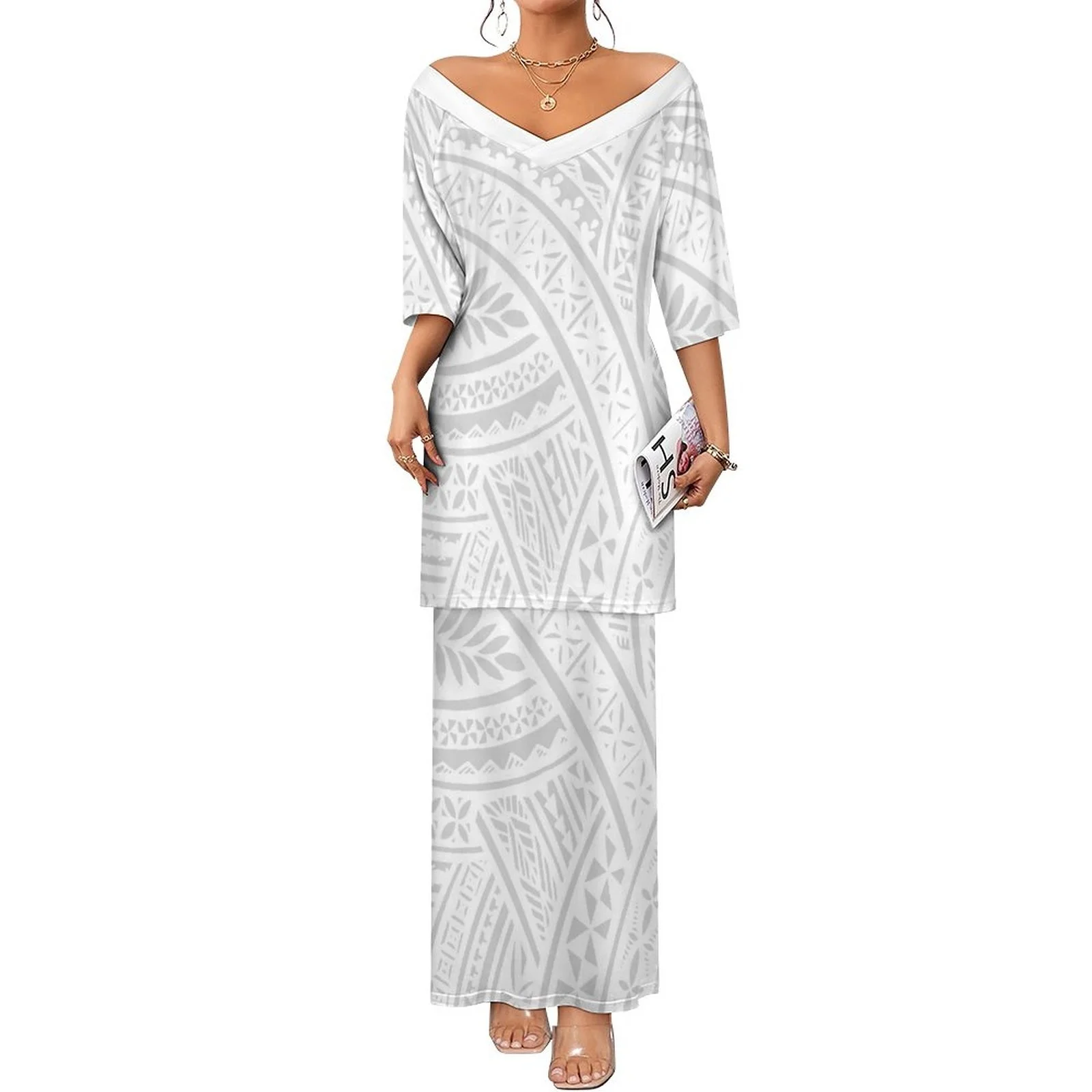 Boutique Clothing Women Floral Print Fashion Hawaiian Tribal Design Dress  Samoa Tattoo White Loose Club Dresses Puletasi