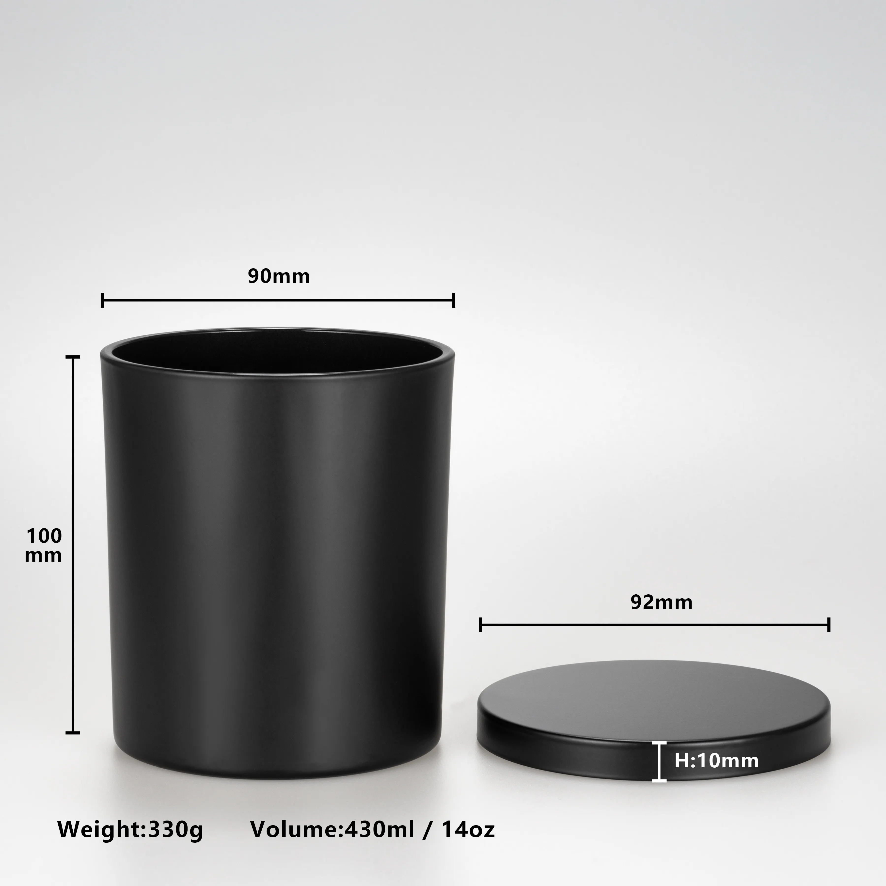 14oz Matt Black Glass Candle Jar with Black Metal Lid