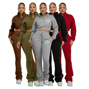 Custom Logo 2026 New Women's Full Sleeve Stand Collar Half-Zipper Fleece Sweatshirt Suit Sweatshirts and Joggers 2 Piece Set