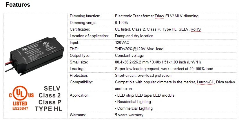 UL LED Transformer AC 100-130V to DC 12V 24V LED Lighting Driver 60W 96W for LED Strip